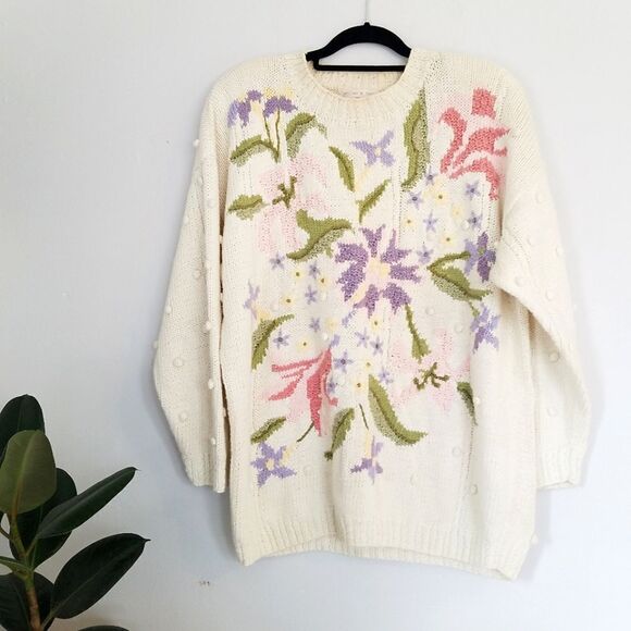 Vintage Hand Knitted Venezia Chunky Pastel Floral Oversized Grannycore Sweater - Picture 1 of 12